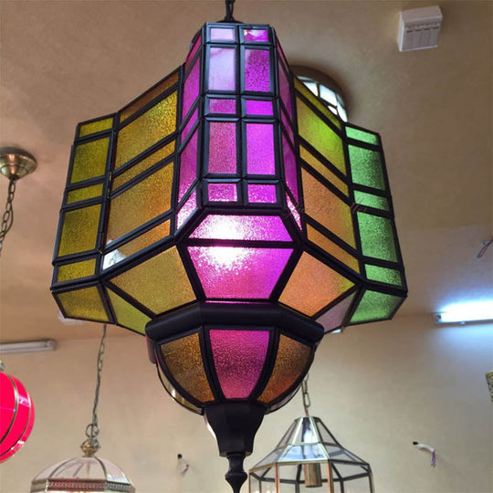 Antiqued Metal Lantern Ceiling Light: Purple Suspension Lamp