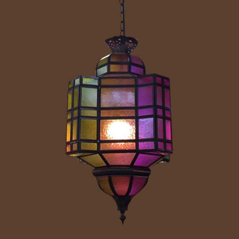 Antiqued Metal Lantern Ceiling Light: Purple Suspension Lamp