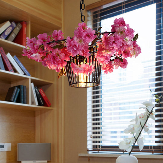 Industrial Cage Suspension Pendant Light with Cherry Blossom Design in Black - 18"/23.5" Width