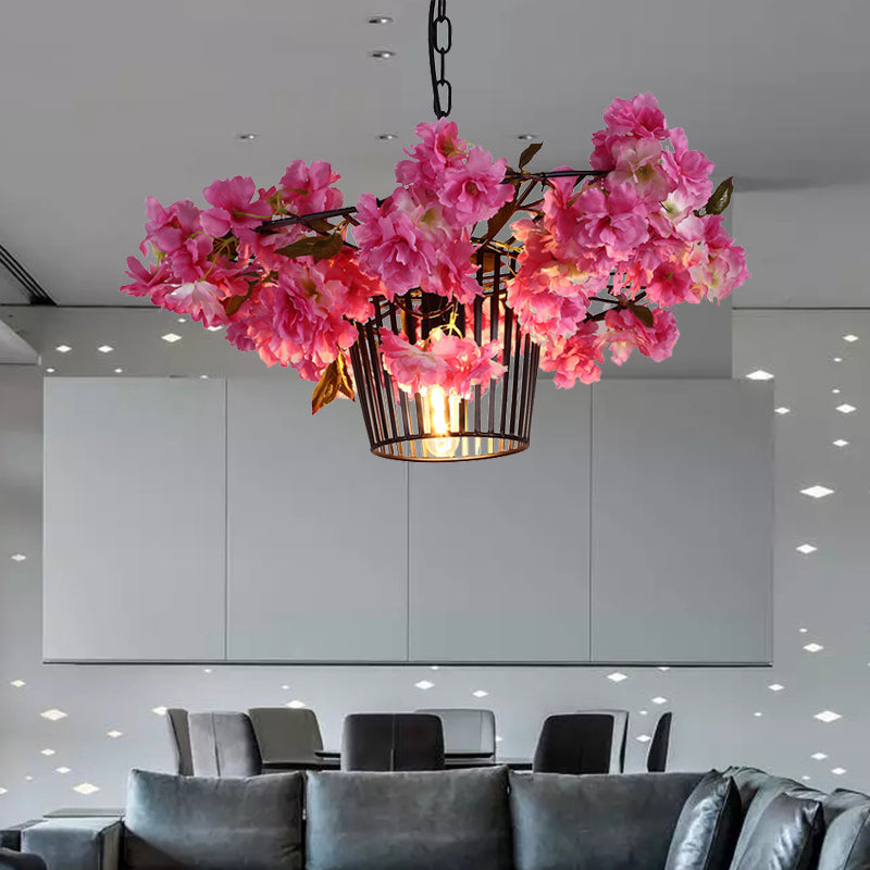 Industrial Cage Suspension Pendant Light with Cherry Blossom Design in Black - 18"/23.5" Width