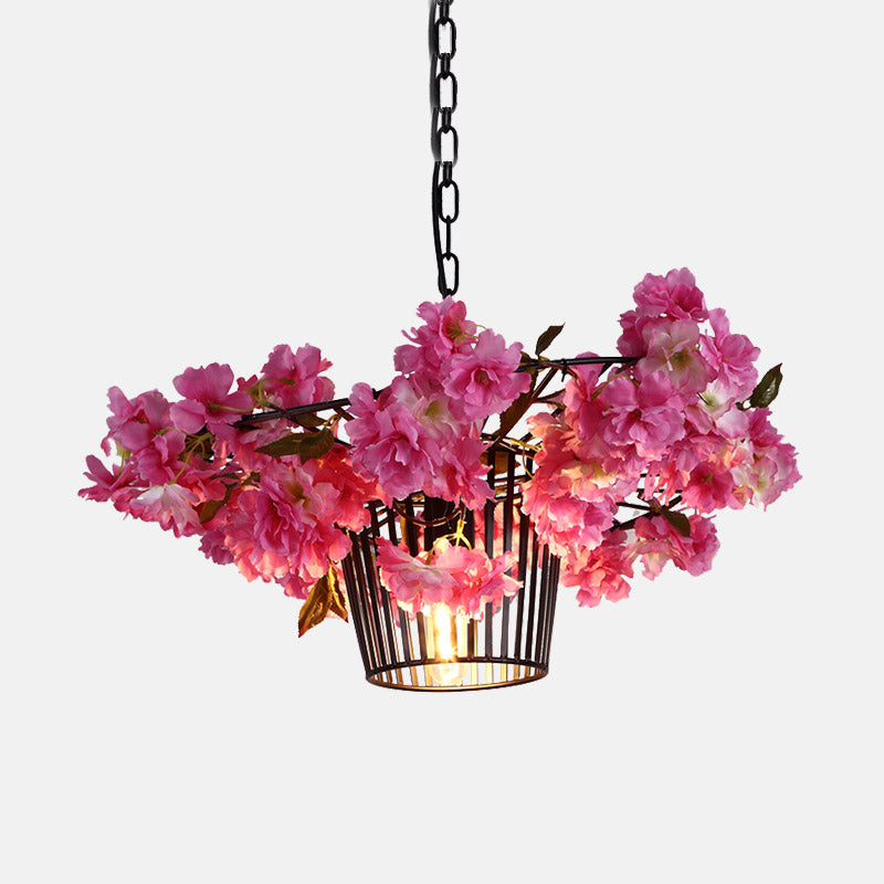 Industrial Cage Suspension Pendant Light with Cherry Blossom Design in Black - 18"/23.5" Width