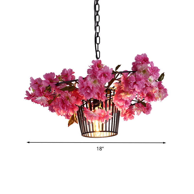 Industrial Cage Suspension Pendant Light with Cherry Blossom Design in Black - 18"/23.5" Width