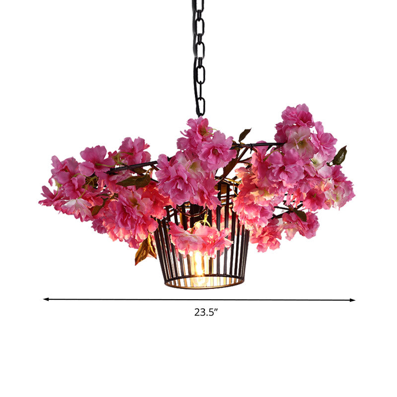 Industrial Cage Suspension Pendant Light with Cherry Blossom Design in Black - 18"/23.5" Width