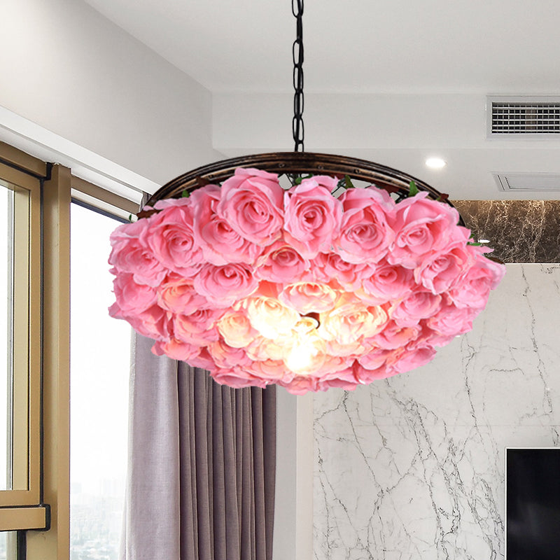 Metal Brass Ceiling Lamp - Round Industrial LED Pendant Light Fixture with Rose Decoration - 13", 18", 21.5" Options