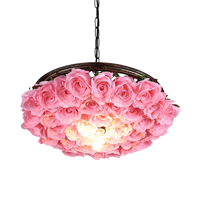 Metal Brass Ceiling Lamp - Round Industrial LED Pendant Light Fixture with Rose Decoration - 13", 18", 21.5" Options