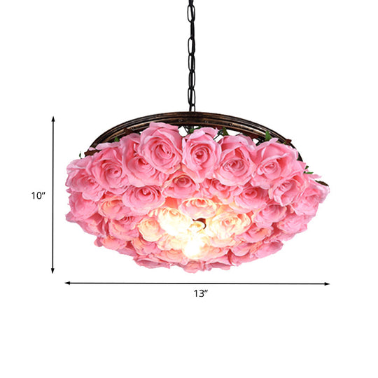 Metal Brass Ceiling Lamp - Round Industrial LED Pendant Light Fixture with Rose Decoration - 13", 18", 21.5" Options