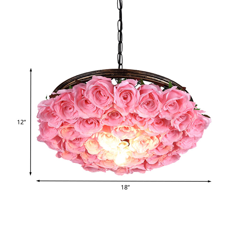 Metal Brass Ceiling Lamp - Round Industrial LED Pendant Light Fixture with Rose Decoration - 13", 18", 21.5" Options