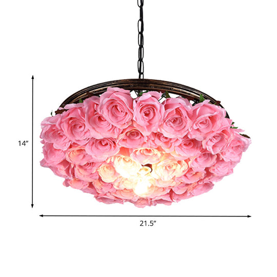 Metal Brass Ceiling Lamp - Round Industrial LED Pendant Light Fixture with Rose Decoration - 13", 18", 21.5" Options