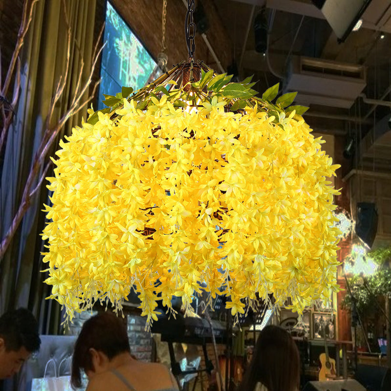 Industrial LED Hanging Lamp Kit for Restaurants - Ceiling Hang Fixture with Blossom Metal Shade in Blue/Yellow