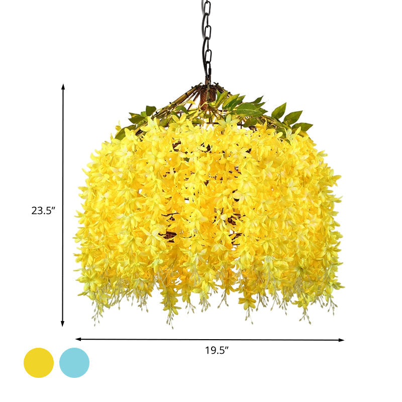 Industrial LED Hanging Lamp Kit for Restaurants - Ceiling Hang Fixture with Blossom Metal Shade in Blue/Yellow