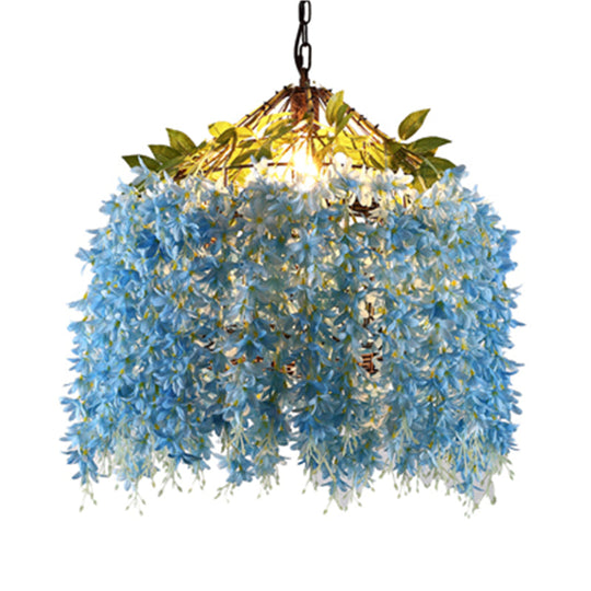 Industrial LED Hanging Lamp Kit for Restaurants - Ceiling Hang Fixture with Blossom Metal Shade in Blue/Yellow