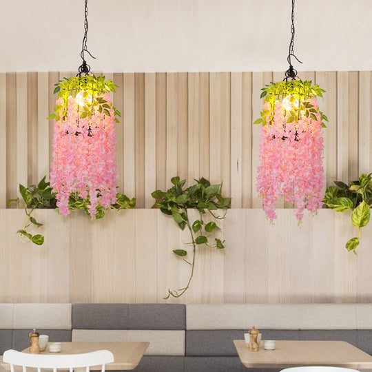 Industrial Metal Flower Pendant Light with Pink/Yellow LED - Ceiling Lamp for Restaurant