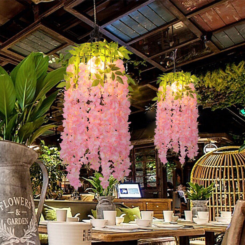 Industrial Metal Flower Pendant Light with Pink/Yellow LED - Ceiling Lamp for Restaurant