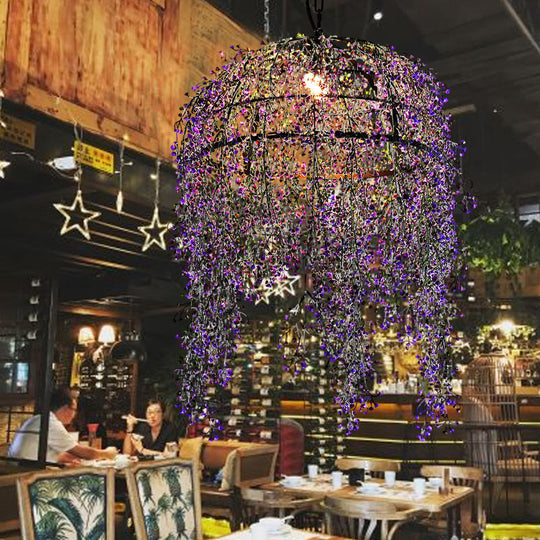 Industrial Metal Purple Bowl Pendant Light with LED Bulb and Flower Décor for Restaurants