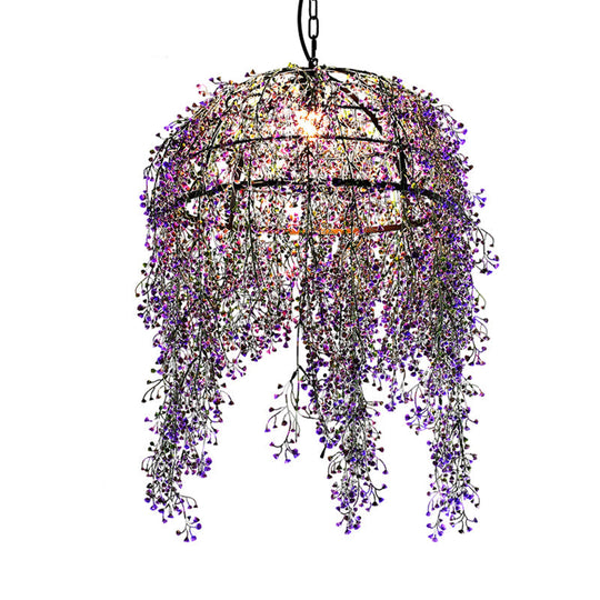 Industrial Metal Purple Bowl Pendant Light with LED Bulb and Flower Décor for Restaurants