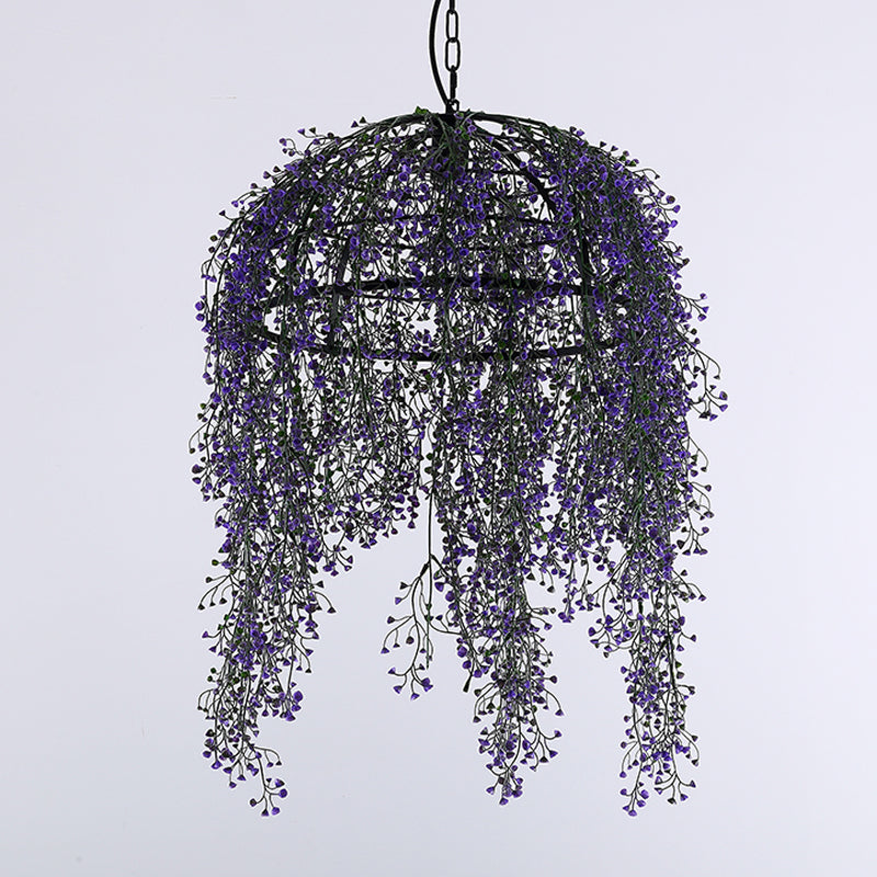 Industrial Metal Purple Bowl Pendant Light with LED Bulb and Flower Décor for Restaurants