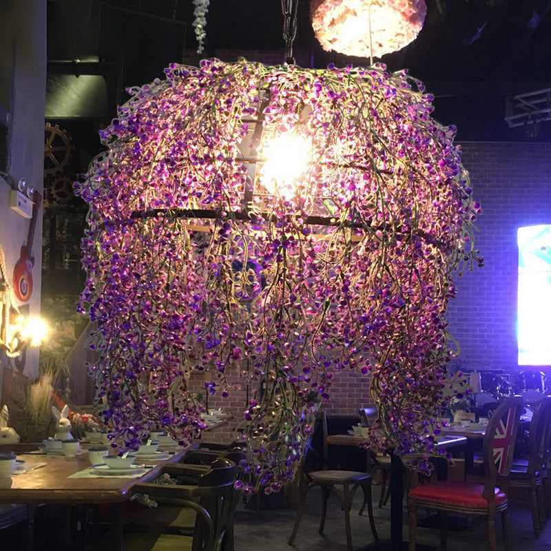 Vintage Metal Dome Drop Lamp: 1-Light Purple LED Pendant with Floral Decor for Restaurants