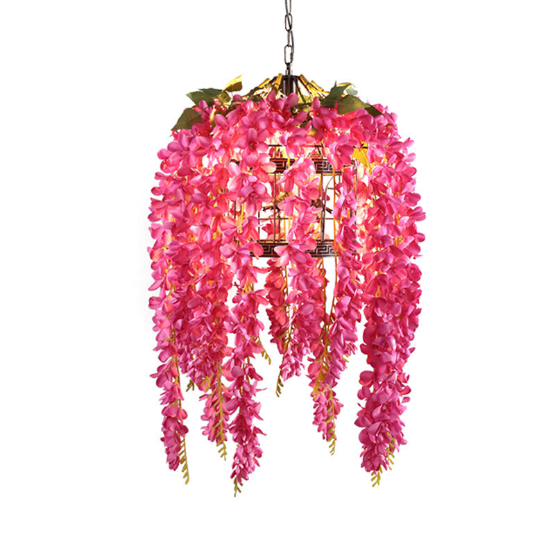 Antique Birdcage LED Pendant Light Fixture with Flower and Down Lighting in Pink/Purple/Green