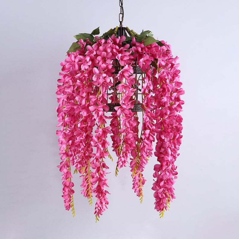 Antique Birdcage LED Pendant Light Fixture with Flower and Down Lighting in Pink/Purple/Green