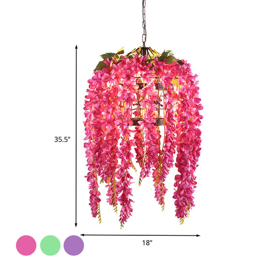 Antique Birdcage LED Pendant Light Fixture with Flower and Down Lighting in Pink/Purple/Green