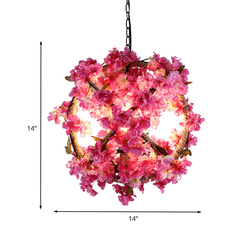 Retro Pink Ball Pendant Light With Flower Decoration Led Ceiling Lamp For Restaurants - 14/18/19.5