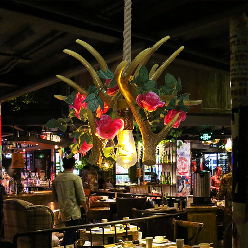 Industrial Metal Pendant Light Fixture with 1 Pink/Red LED Flower Bulb for Antler Restaurant