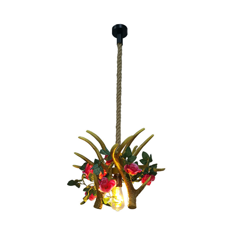 Industrial Metal Pendant Light With Antler Design & Led Flower In Pink/Red