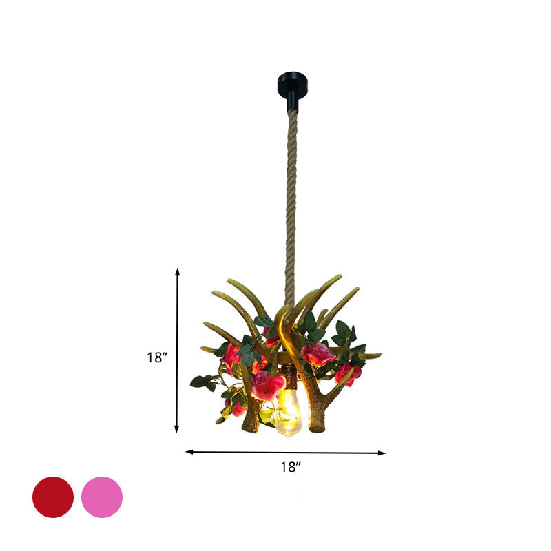 Industrial Metal Pendant Light With Antler Design & Led Flower In Pink/Red