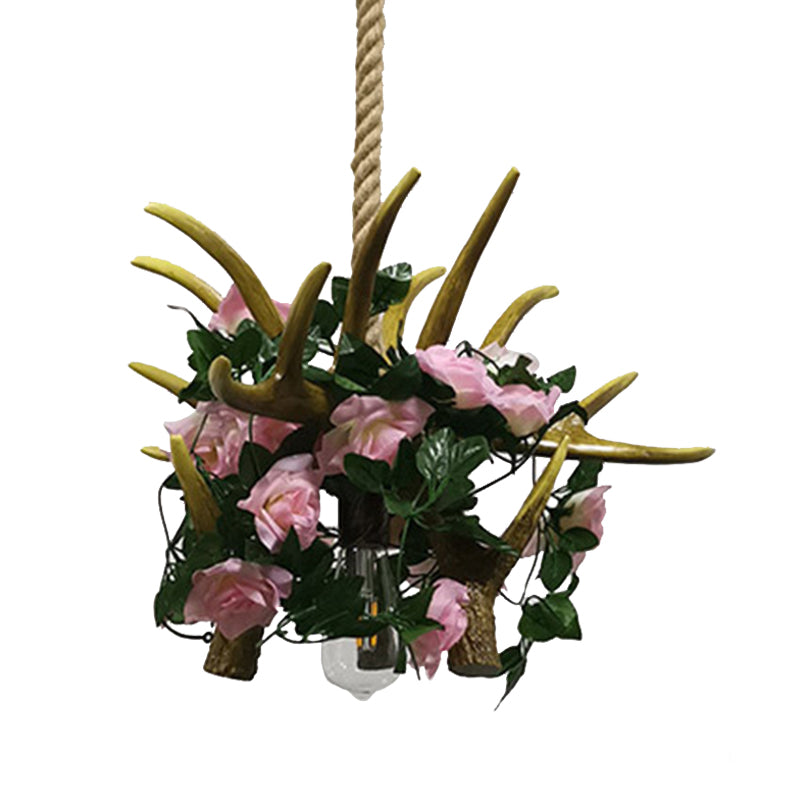 Industrial Metal Pendant Light With Antler Design & Led Flower In Pink/Red