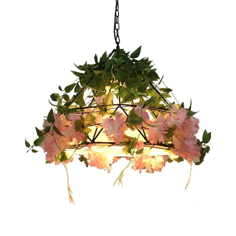 Industrial Metal Diamond LED Pendant Lamp with Rose Decoration in Pink/Light Pink - 18"/23.5" W