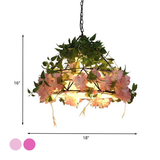 Industrial Metal Diamond LED Pendant Lamp with Rose Decoration in Pink/Light Pink - 18"/23.5" W