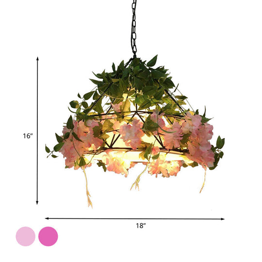 Industrial Metal Diamond Led Pendant Lamp With Rose Decoration - Pink/Light Pink 18/23.5 W