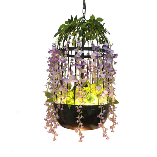 Retro Metal Birdcage Pendant Light - Black LED Drop Lamp with Flower Decor