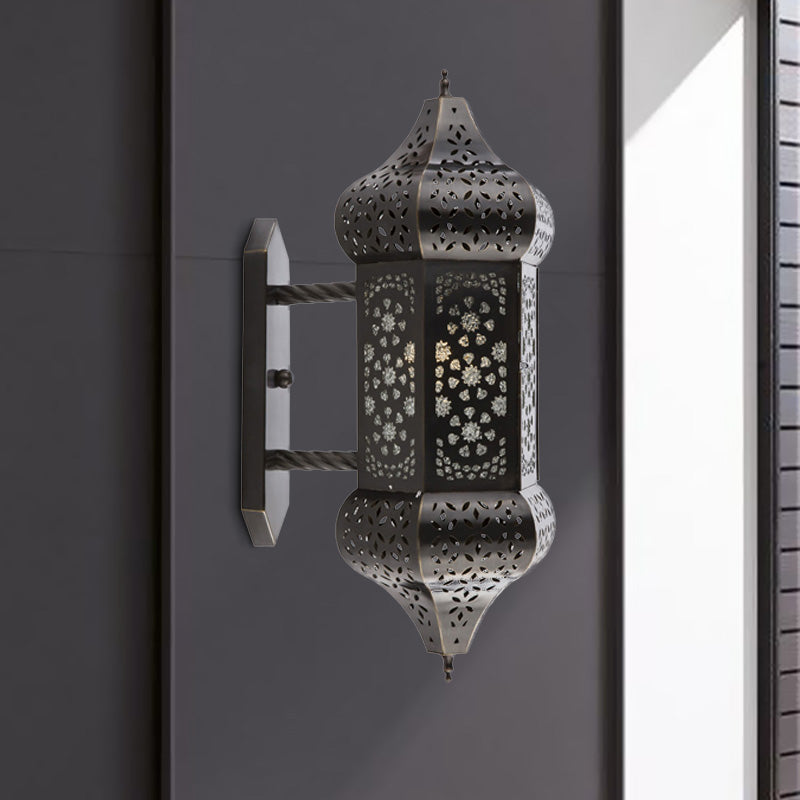 Outdoor Arab Lantern Wall Sconce - 1 Light Metallic Black Mount Lamp