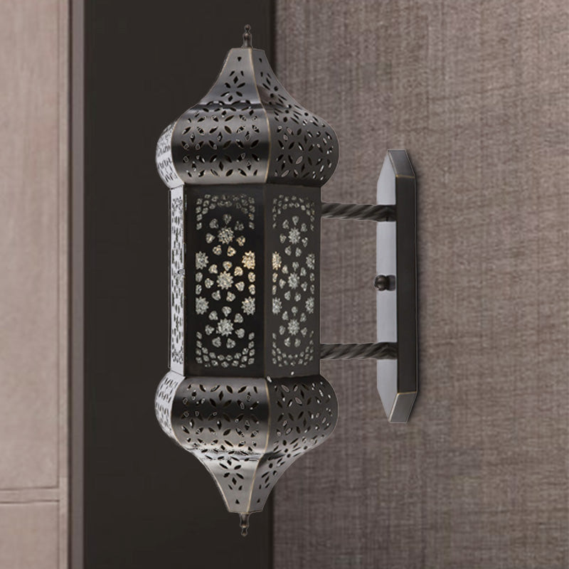 Outdoor Arab Lantern Wall Sconce - 1 Light Metallic Black Mount Lamp