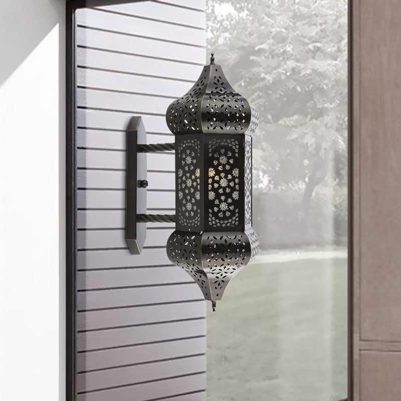 Outdoor Arab Lantern Wall Sconce - 1 Light Metallic Black Mount Lamp