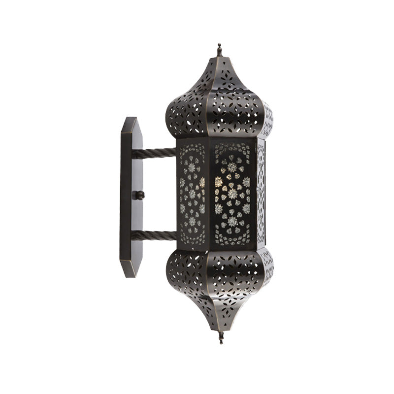 Outdoor Arab Lantern Wall Sconce - 1 Light Metallic Black Mount Lamp