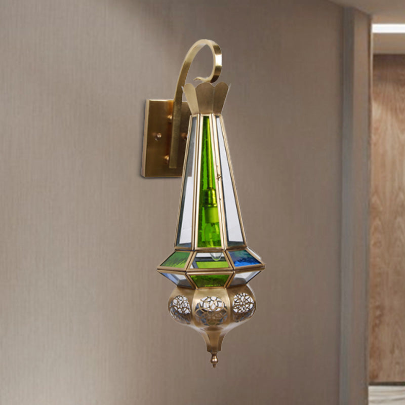 Metallic Brass Cone Wall Sconce Light: 1-Bulb Hallway Fixture With Colorful Glass Shade