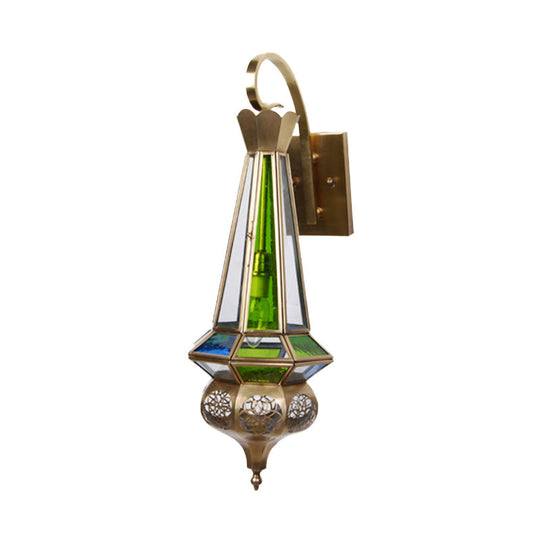 Metallic Brass Cone Wall Sconce Light: 1-Bulb Hallway Fixture With Colorful Glass Shade