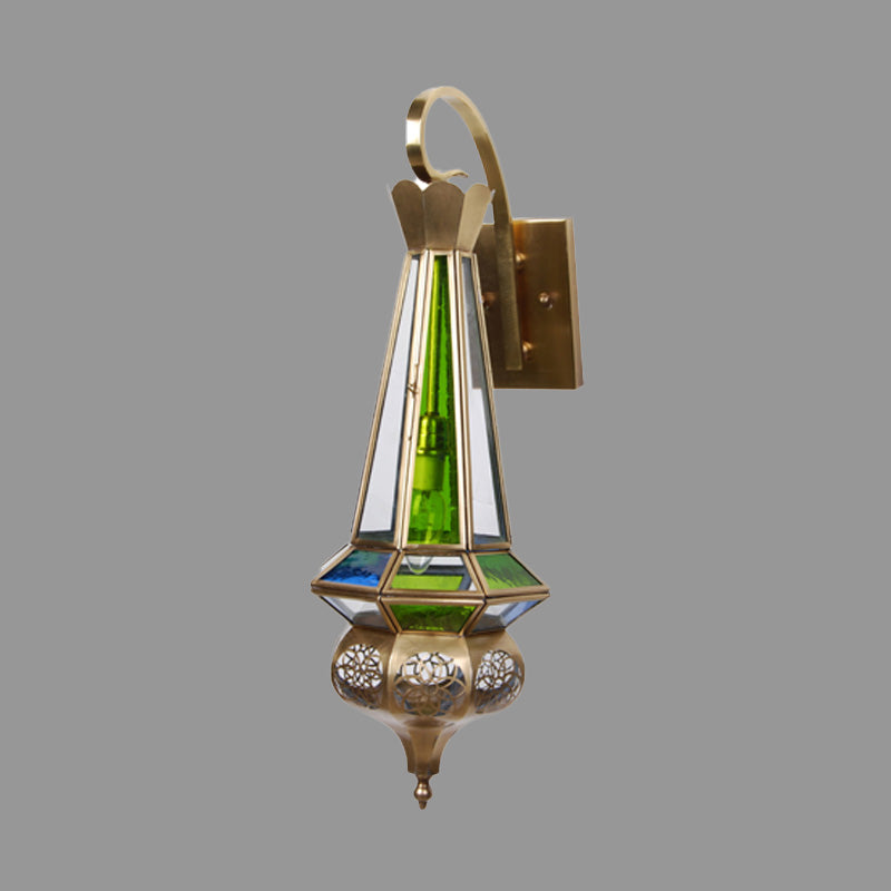 Metallic Brass Cone Wall Sconce Light: 1-Bulb Hallway Fixture With Colorful Glass Shade