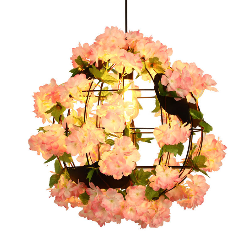 12/16 Metal Black Drop Lamp Orb 1 Head Pendant With Cherry Blossom - Industrial Led Down Lighting