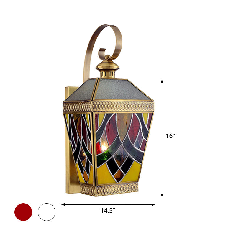 Arab Style Corner Sconce: 1-Light Wall Mount Lamp With White/Red Glass Shade