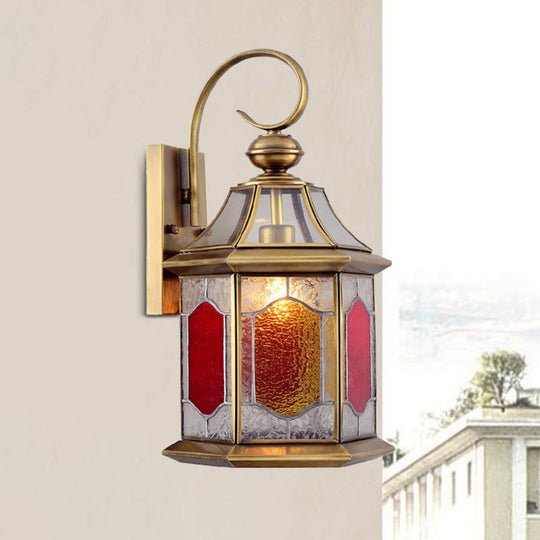 Arab 1-Bulb Red Glass Sconce Lamp - Wall Mount Balcony Light With Curved Arm