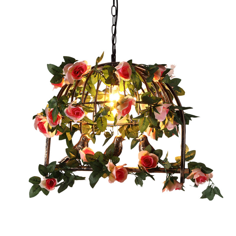 Vintage Brass Birdcage Pendant Lamp with LED Flower Light, Ideal for Restaurants