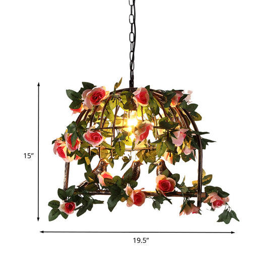 Antique Brass Birdcage Pendant Lamp - Led Flower Suspension Light For Restaurants