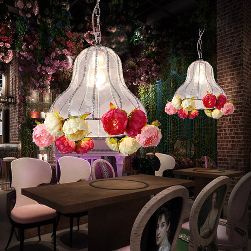 Industrial Metal Gourd Hanging Light With Led Bulb And Flower Decoration For Restaurants White