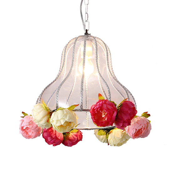 Industrial Metal White Hanging Light with Flower Decor - LED Ceiling Lamp for Restaurants