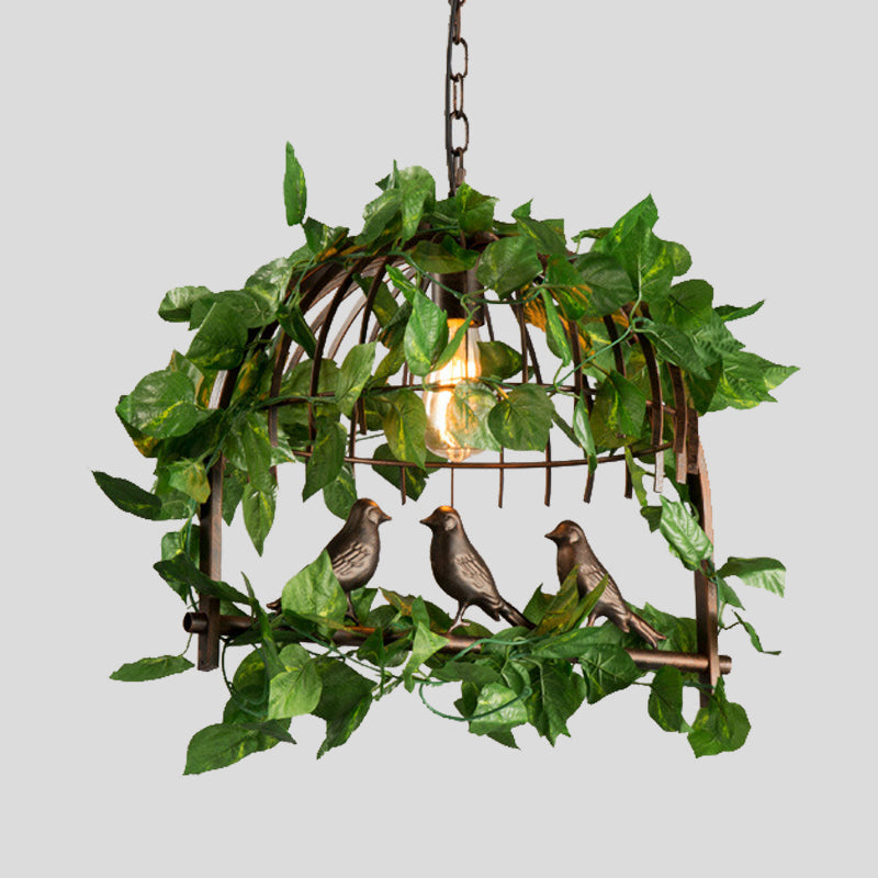 Vintage Black Metal Birdcage Pendant Light with LED Plant Hanging Lamp for Restaurants