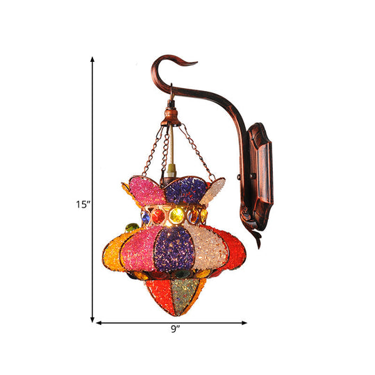 Lantern Restaurant Sconce: Traditional Stained Glass Wall Lamp With Copper Finish