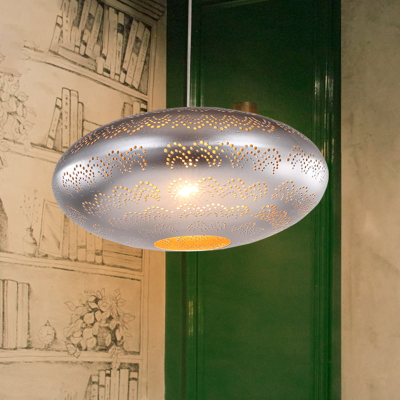 Arab Style Oval Metal Pendant Lamp - 1 Bulb Ceiling Light Fixture In Black/Silver/Brass